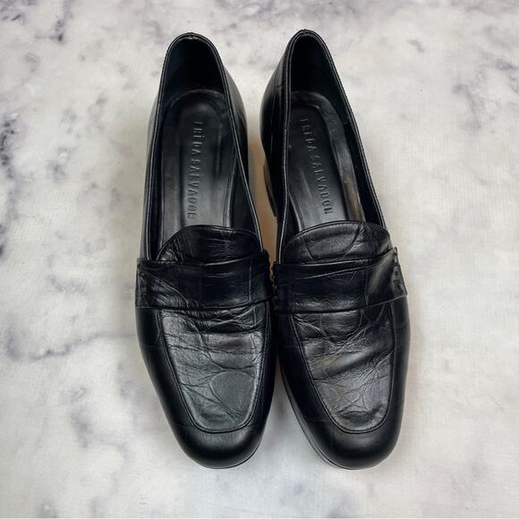 Freda Salvador Florence Black Croc Embossed Leather Platform Block Heel Loafers - Picture 3 of 11